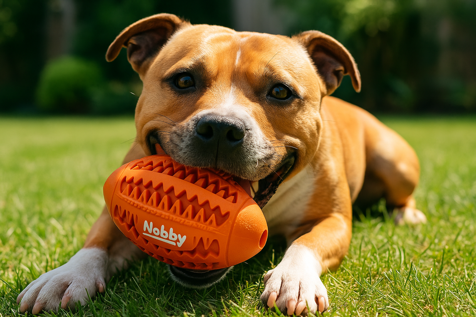 A staffy chewing the rubber rugby dental line care from nobby