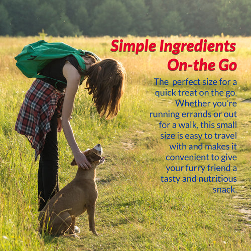 Woman with a dog in a field, promotional text for 'Simple Ingredients On-the-Go' product.