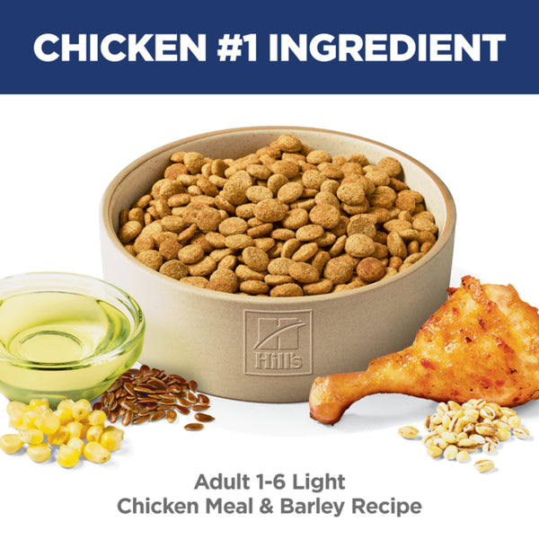 Bowl of Hills dog food with ingredients and text about chicken being the #1 ingredient.