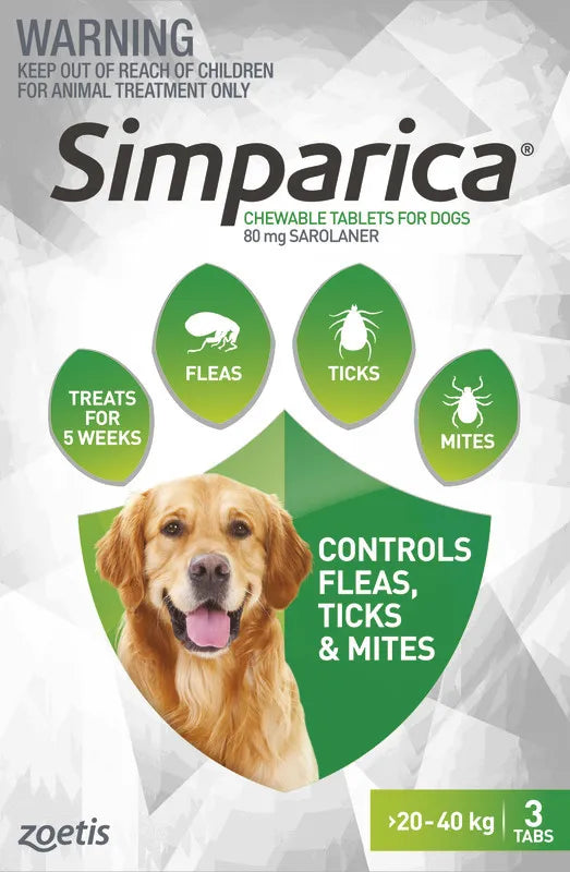 Simparica Chewable Flea & Tick Treatment for Dogs 20-40kg - 3 Pack