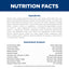 Nutrition facts label for a pet food product with ingredients and guaranteed analysis details.
