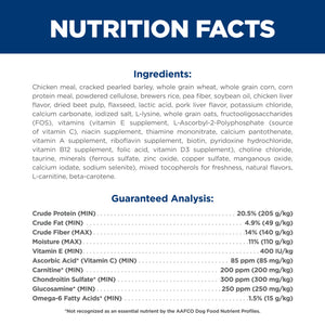 Nutrition facts label for a pet food product with ingredients and guaranteed analysis details.