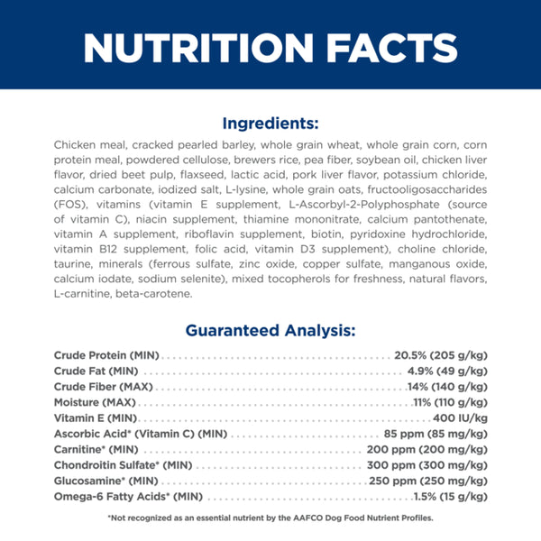 Nutrition facts label for a pet food product with ingredients and guaranteed analysis details.