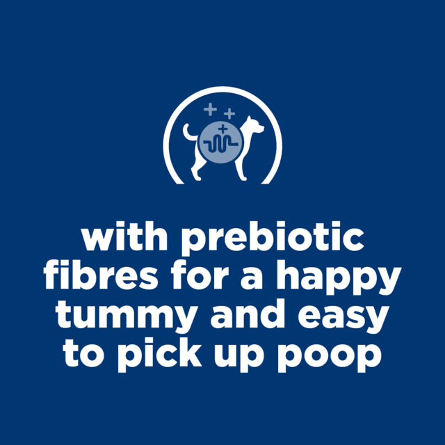 Blue background with white text and a logo featuring a dog and prebiotic fibers symbol.