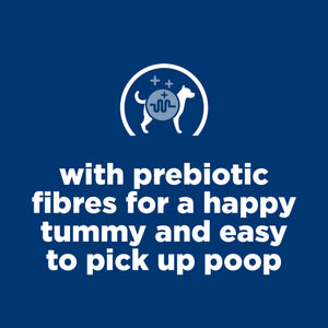 Blue background with white text and a logo featuring a dog and prebiotic fibers symbol.