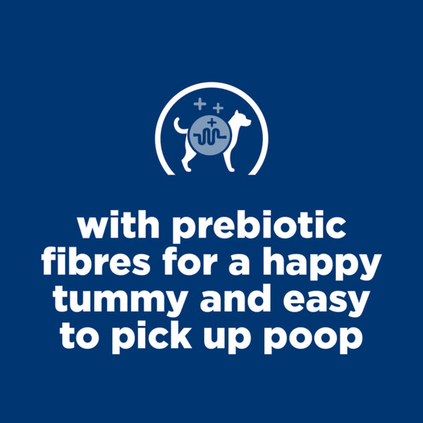 Blue background with white text and a logo featuring a dog and prebiotic fibers symbol.