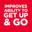 Red background with white text 'IMPROVES ABILITY TO GET UP & GO'
