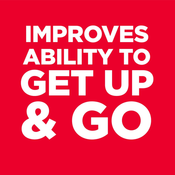 Red background with white text 'IMPROVES ABILITY TO GET UP & GO'