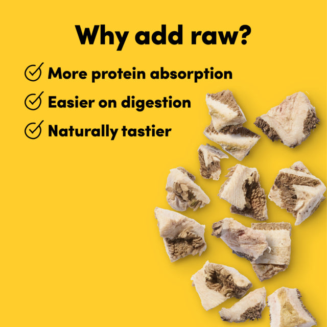 Raw protein chunks with benefits listed on a yellow background