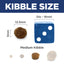 Diagram showing kibble size with a blue die labeled 'Die - 16mm' and measurements for medium kibble.
