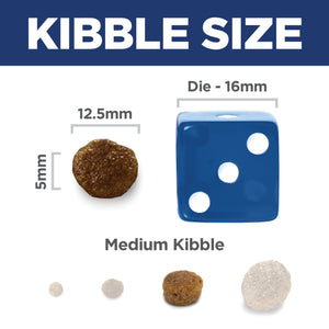 Diagram showing kibble size with a blue die labeled 'Die - 16mm' and measurements for medium kibble.
