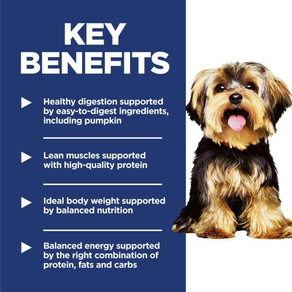 Dog with key benefits text on a blue background