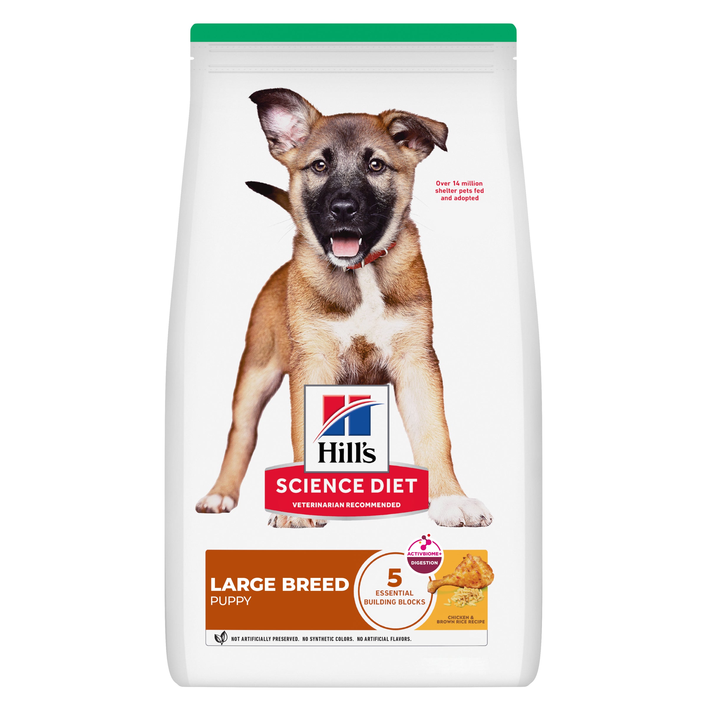 Hill's Science Diet Large Breed Puppy food bag with a puppy on the label