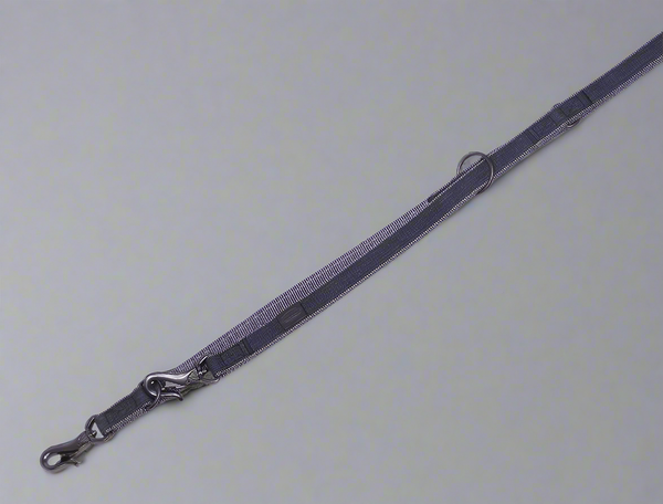 Dog leash with metal clip on a light gray background