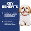 Dog with key benefits text on a blue background