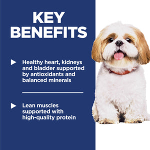 Dog with key benefits text on a blue background