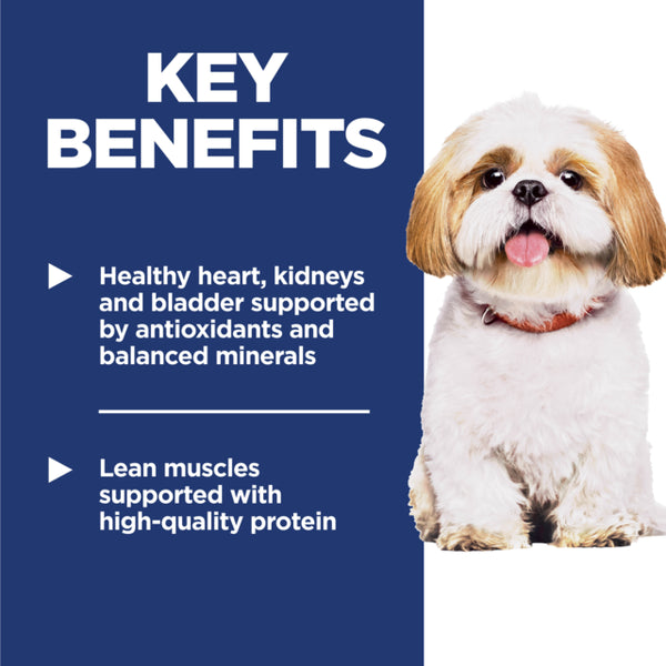 Dog with key benefits text on a blue background