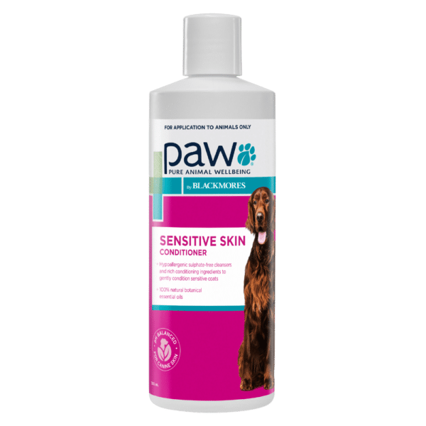Bottle of Paw Sensitive Skin Conditioner for dogs on a white background