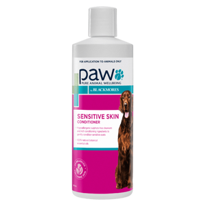 Bottle of Paw Sensitive Skin Conditioner for dogs on a white background