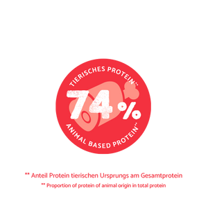 Red circular logo with text about animal-based protein on a white background
