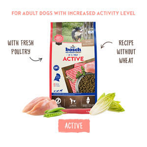 Bosch Active dog food package with ingredients and text on a white background