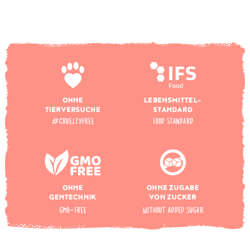 Certification logos on a pink background with white text