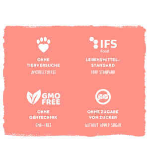 Certification logos on a pink background with white text