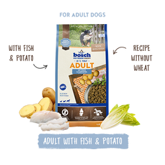 Bosch dog food package for adult dogs with fish and potato, on a white background.
