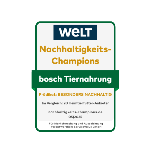 Award for 'Nachhaltigkeits-Champions' (Sustainability Champions) given to bosch Tiernahrung by WELT on a white background.