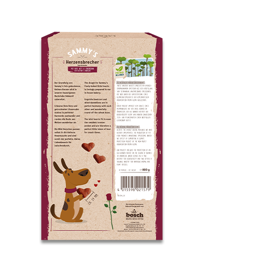 Dog food packaging with a cartoon dog and text on a white background