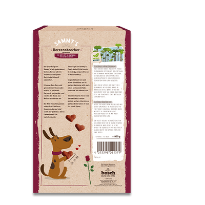 Dog food packaging with a cartoon dog and text on a white background