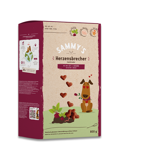 Dog treat packaging with 'Sammy's Herzensbrecher' branding on a white background