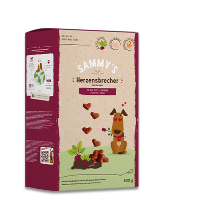 Dog treat packaging with 'Sammy's Herzensbrecher' branding on a white background