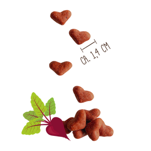 Heart-shaped dog treats with a beetroot and measurement label on a white background
