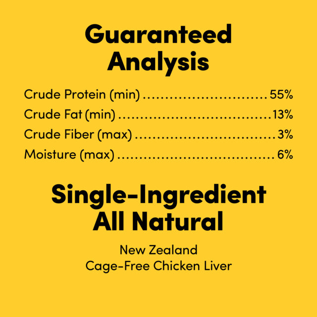 Guaranteed analysis label for New Zealand cage-free chicken liver on a yellow background