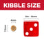 Comparison of kibble size with a red die labeled 'Die - 16mm' on a white background.