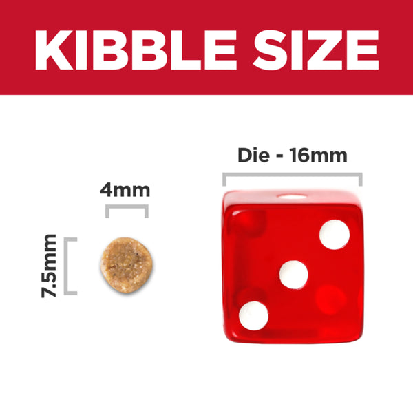 Comparison of kibble size with a red die labeled 'Die - 16mm' on a white background.