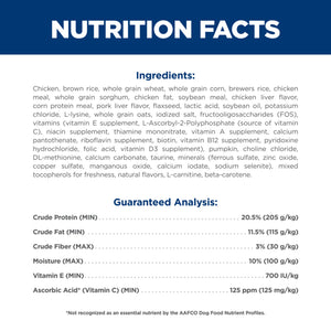 Nutrition facts label with ingredients and guaranteed analysis for a product.