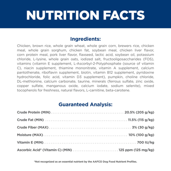 Nutrition facts label with ingredients and guaranteed analysis for a product.