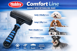 Nobby Comfort Line double row detangling rake with dog coat types on a blue background