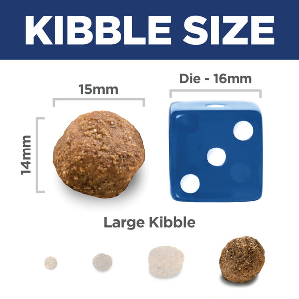 Comparison of large kibble size with a die showing measurement details.