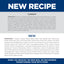 Comparison of current and new pet food ingredient lists with a blue and white color scheme.