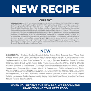 Comparison of current and new pet food ingredient lists with a blue and white color scheme.