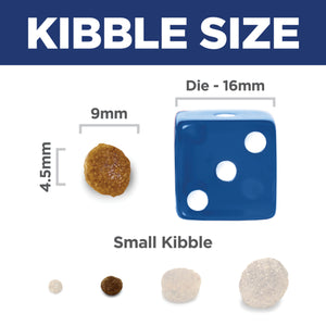 Diagram showing kibble size with a blue die labeled '16mm' and small kibble samples.