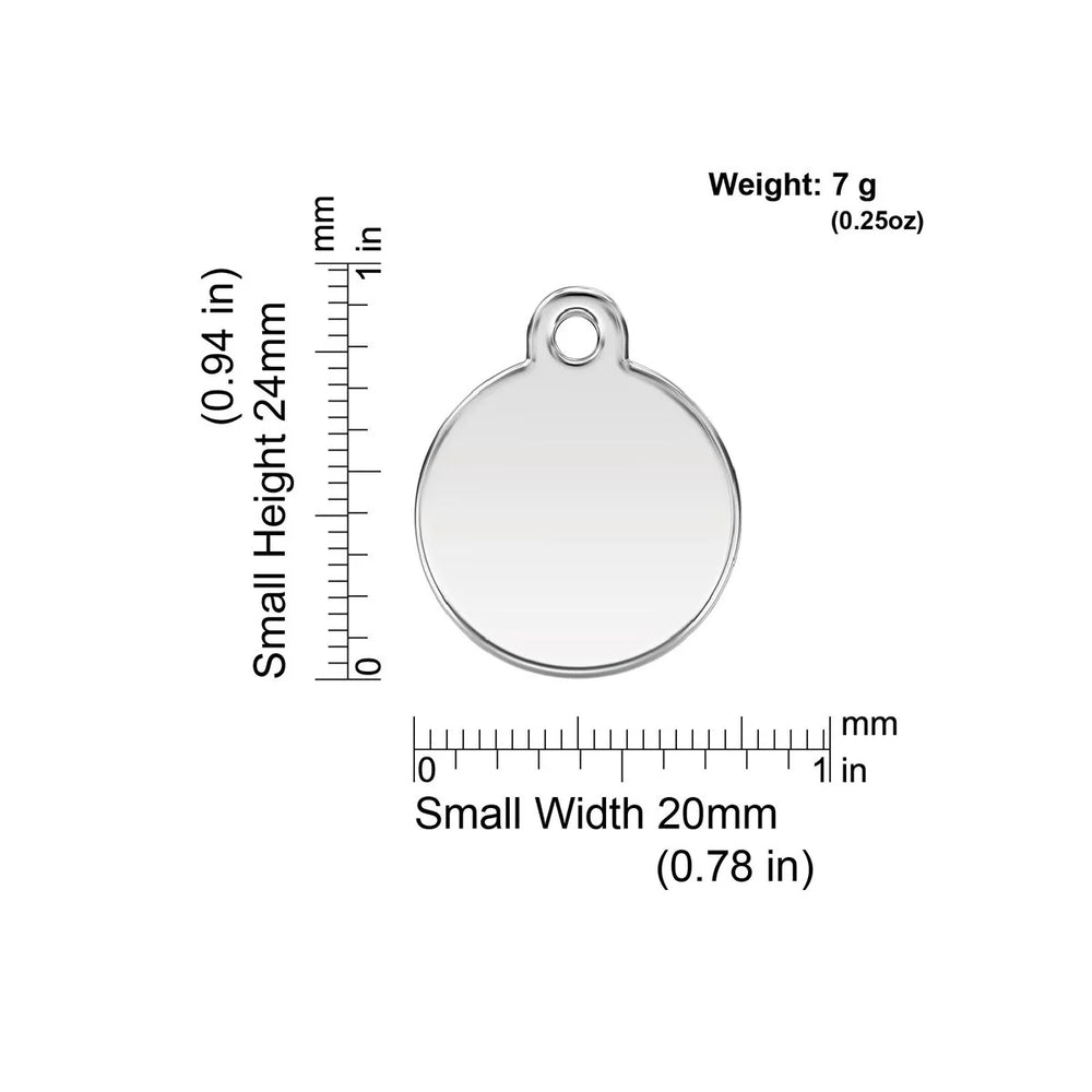 Round metallic tag with black center and white leaf design on a white background