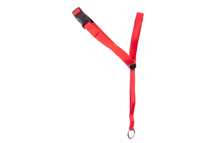 Red lanyard with a metal clip on a white background