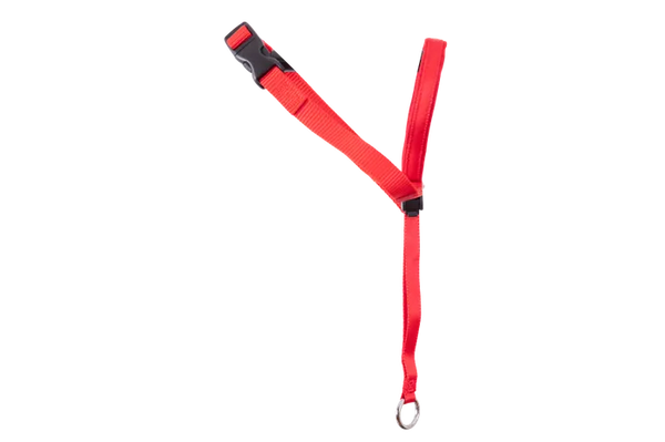 Red lanyard with a metal clip on a white background