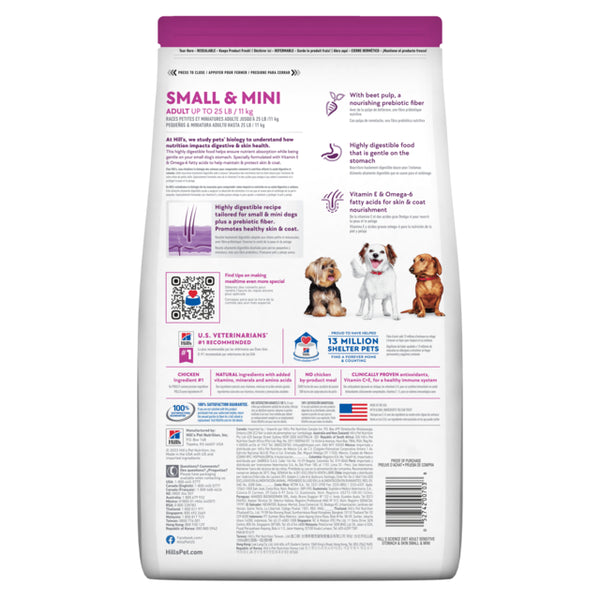 Dog food package for small and mini dogs with text and images of dogs on a white background