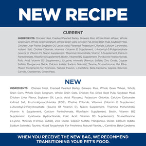 Text document with new recipe details and ingredient lists for pet food.
