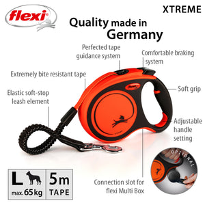 Flexi dog leash with features highlighted on a white background